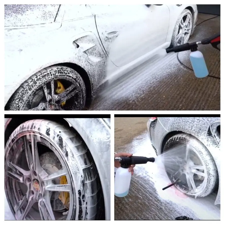 Lavado de autos: Espuma activa aplicada a rines de un auto blanco